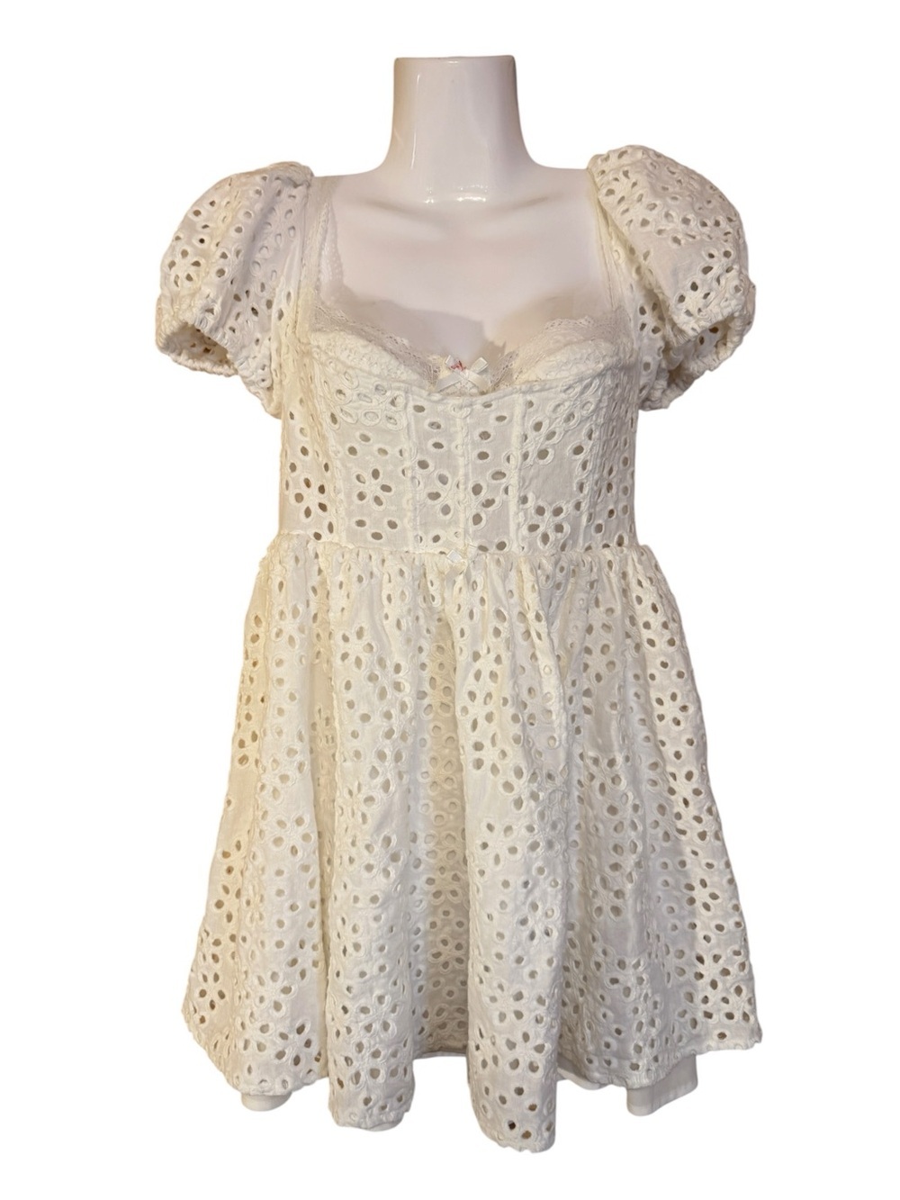 For Love & Lemons Women’s White Eyelet Puff Sleeve Mini Dress Size M Linen Blend
